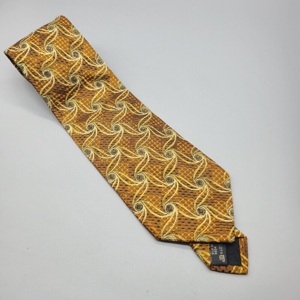 Ermenegildo Zegna Men's Necktie Tie 3.5" 100% Silk Geometric Brown Yellow bronze